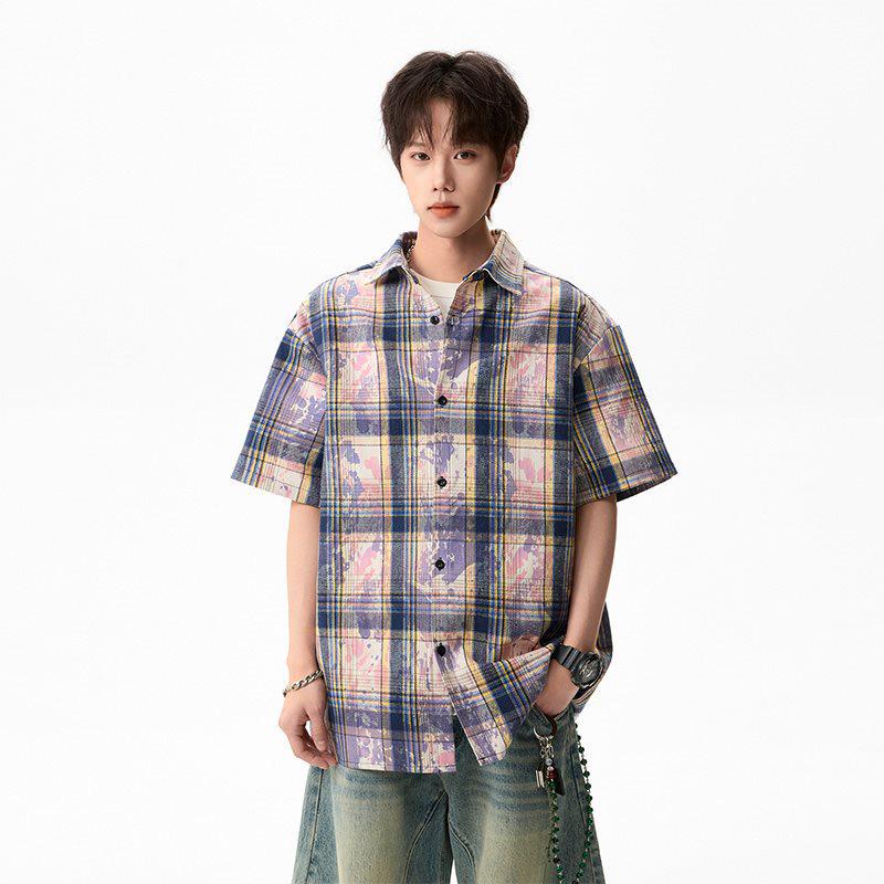 Мужская летняя рубашка с коротким рукавом в стиле тай-дай и color block - Свободный повседневный топ в гонконгском стиле