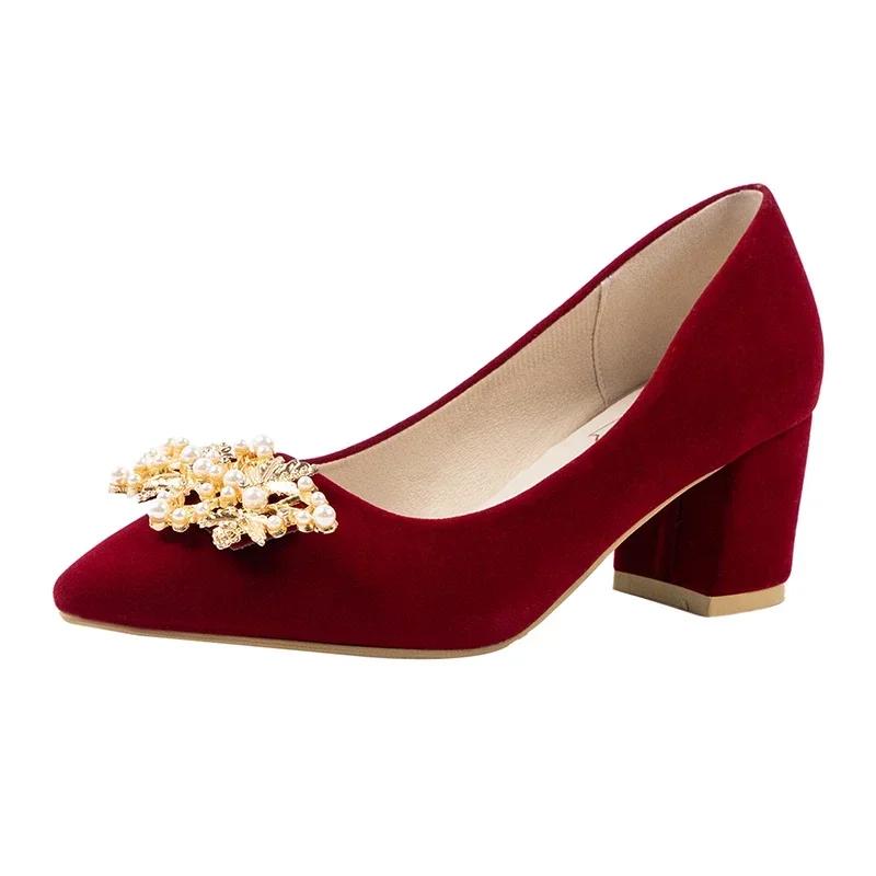 Fashion Spring/Summer/Autumn Wedding Shoes Women's Thick Heels 2024 New Bride Red Suede Wedding Shoes