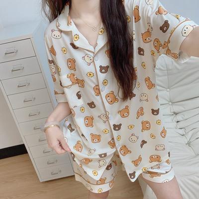 Легкий Медведь Ветер Милый Милый Пижама с Коротким Рукавом Женская Летняя Повседневная Домашняя Одежда Комплект из Двух Предметов