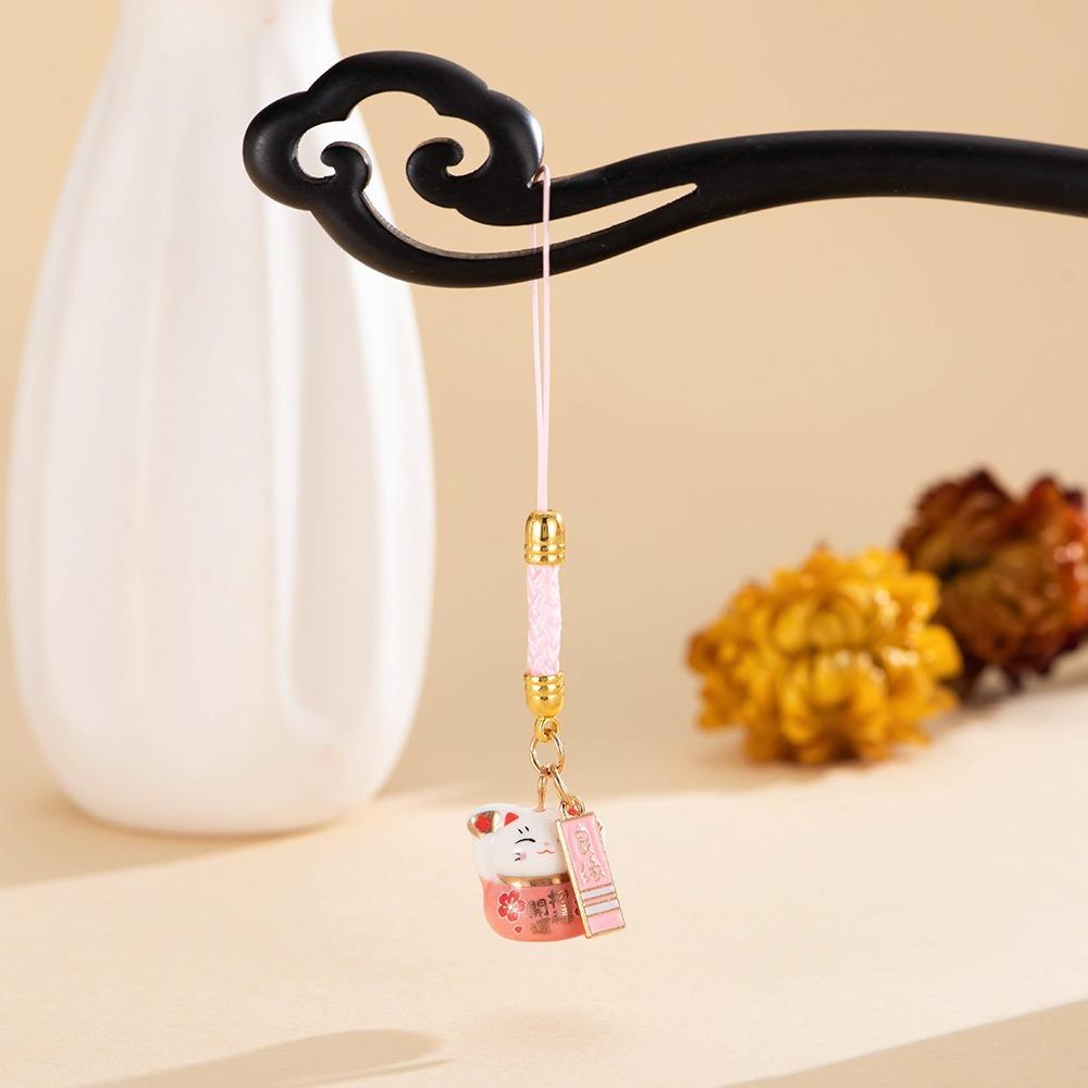 Chinese Style Ceramic Lucky Cat Phone Charms Metal Fortune Maneki Neko Phone Chain Cartoon Trinket Lucky Cat Pendant
