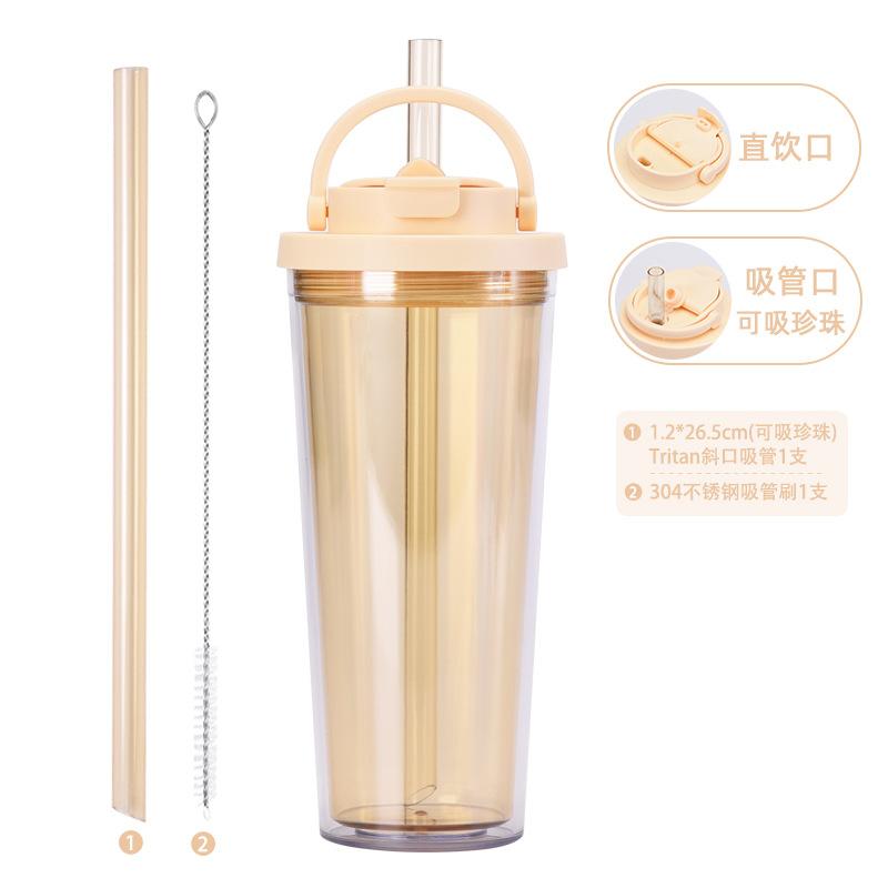 Двухслойный цветной пластиковый стакан с соломинкой, стакан для Bubble Tea с большим отверстием для питья, одна крышка, двойной напиток, портативная ручка, стакан для воды