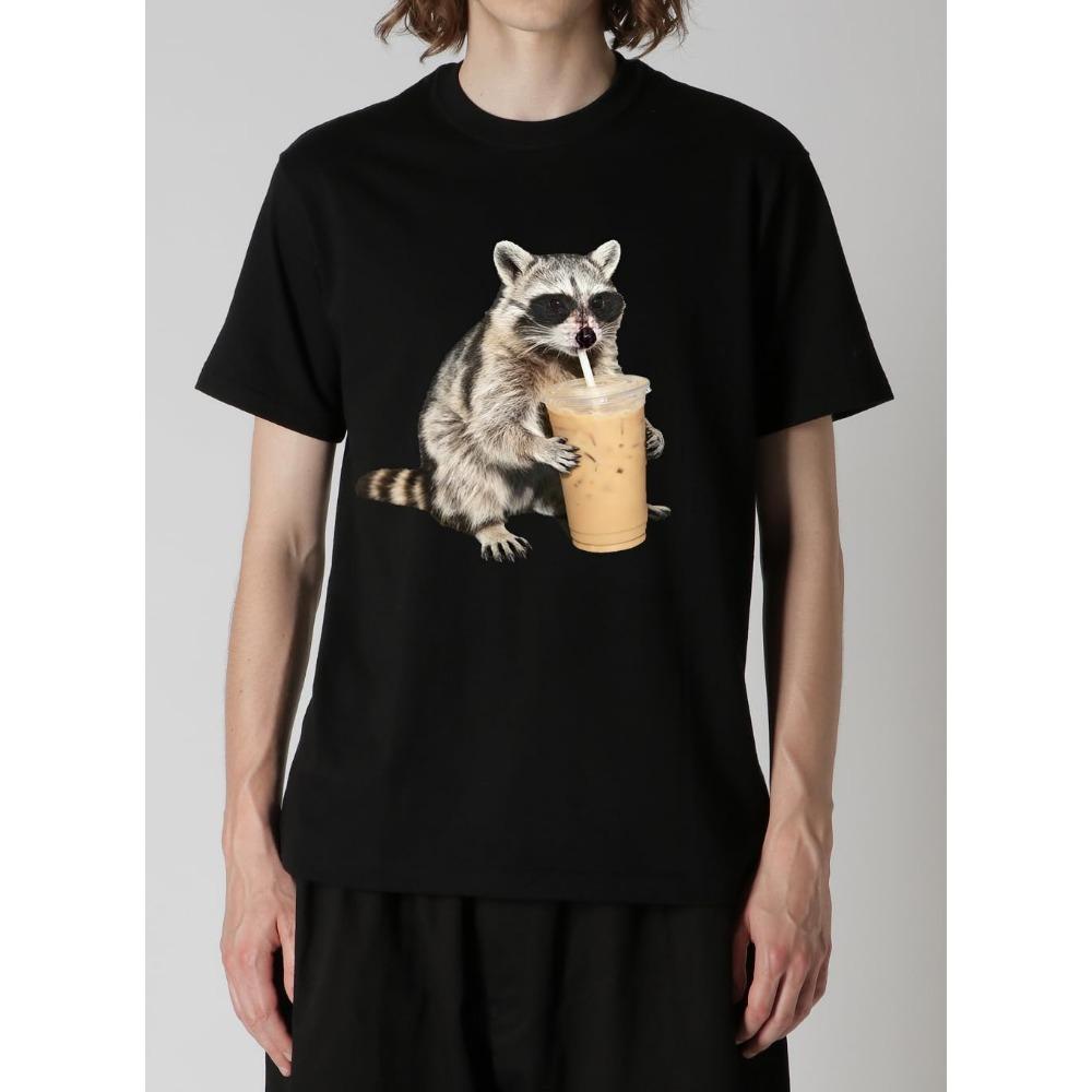 Raccoon Drinking Iced Coffee T-Shirt Funny Animal Meme Shirt Casual Crewneck Short Sleeve Graphic Tee Tops for Men Women