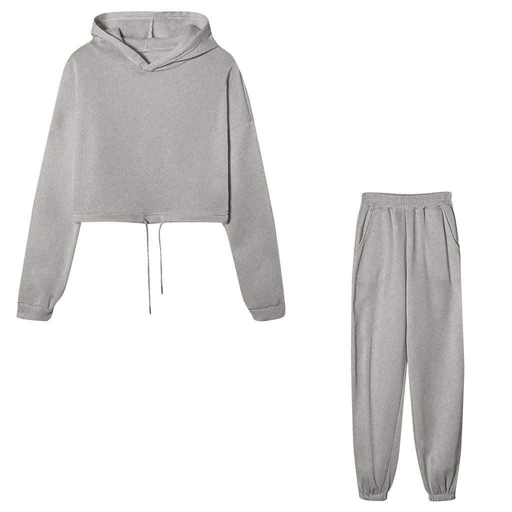 Женский спортивный модный однотонный повседневный комплект из двух предметов с капюшоном