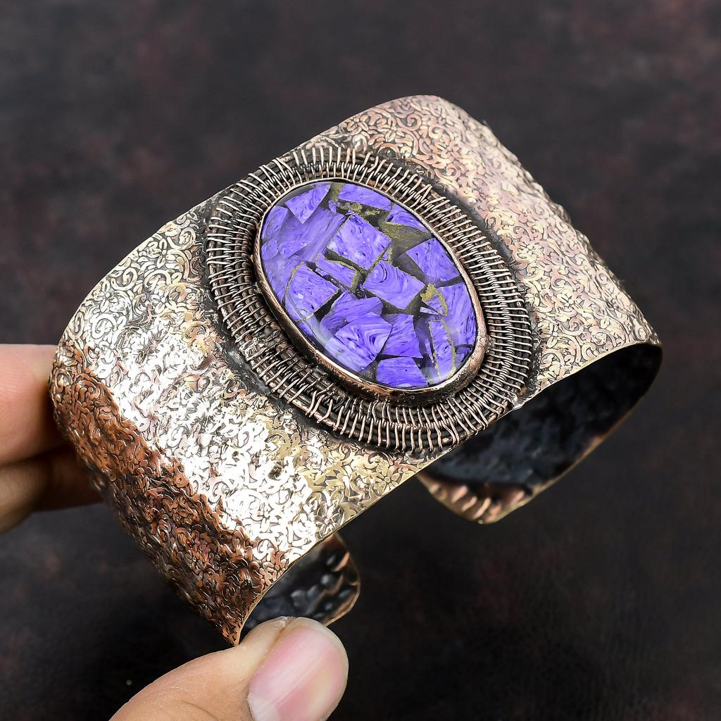 Браслет-манжета из медного чароита Браслет из медной проволоки Регулируемый браслет-манжета Ювелирные изделия из медной проволоки Браслет из драгоценных камней ручной работы Подарки для него