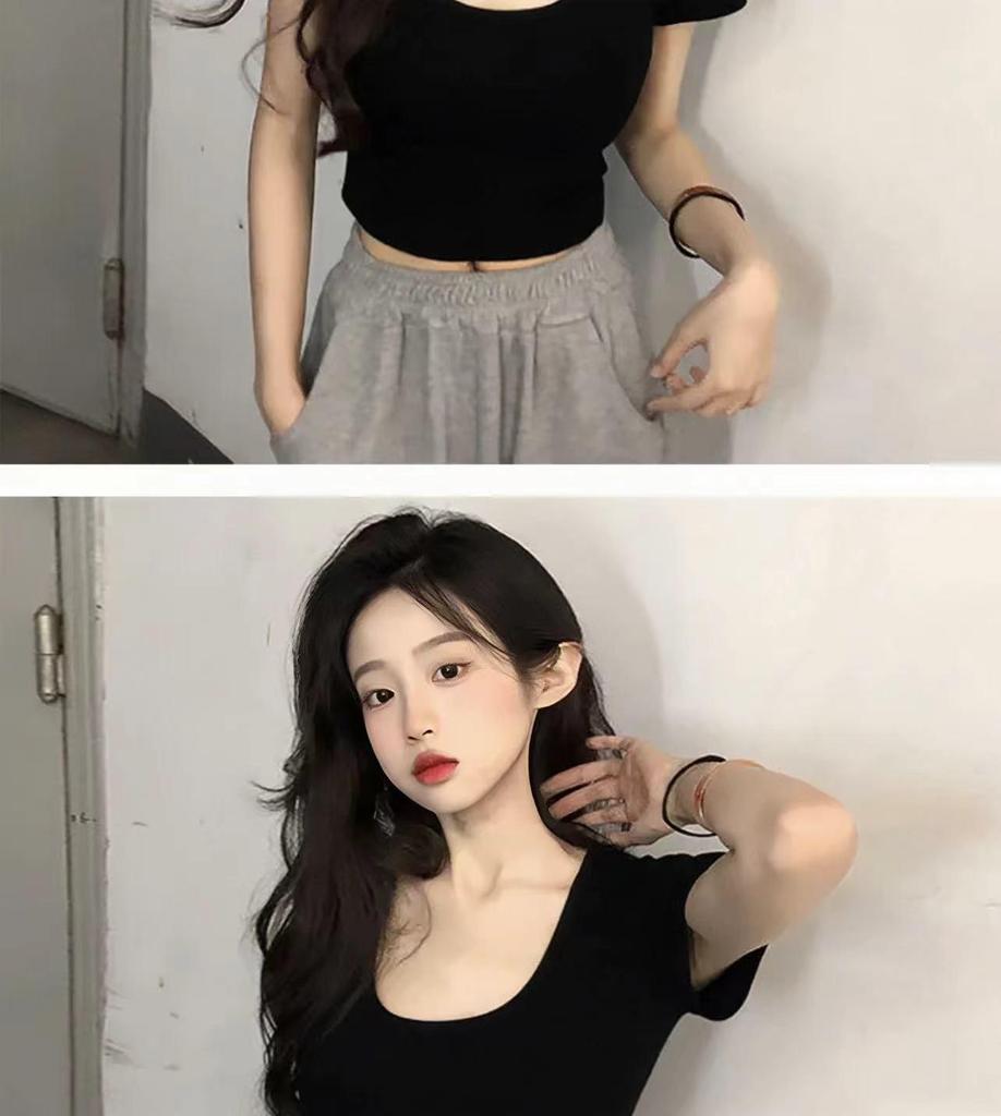 Женский укороченный топ из хлопка облегающего кроя с U-образным вырезом - Весенне-летняя футболка с коротким рукавом