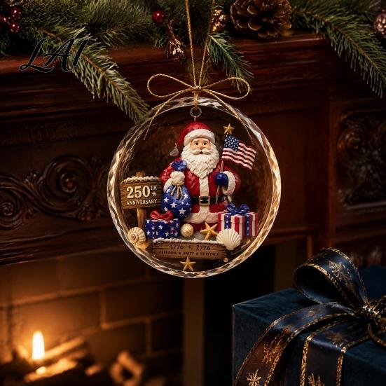 Xmas Tree Hanging Accessory 250 Anniversary USA Sea Glass Christmas Ornament 1776-2026 Patriotic Faux Crystal Vintage Party Supplies Clear Keepsake,
