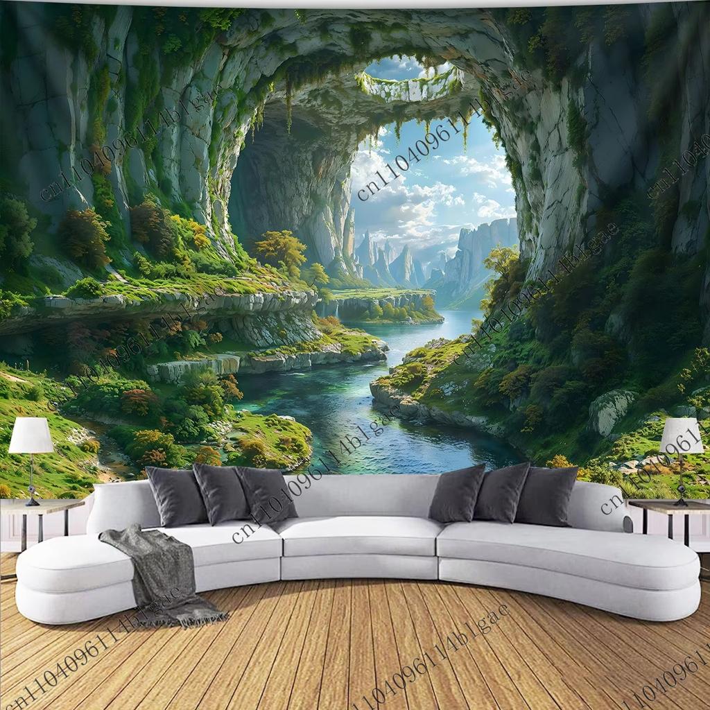 Cave Vista To Lush Valley Wall Tapestry Nature Landscape Home Decoration Headboard Aesthetic Room Decoration Background Cloth