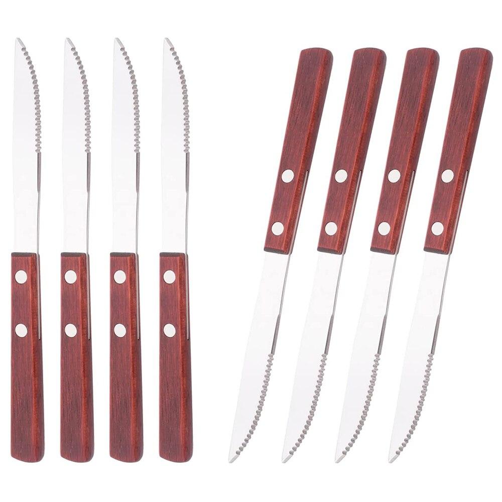 8Pcs Silver Wooden Handle Steak Knife Dinnerware Set 304 Stainless Steel Flatware Sharp Knife Set Tableware Cutlery Knives Set