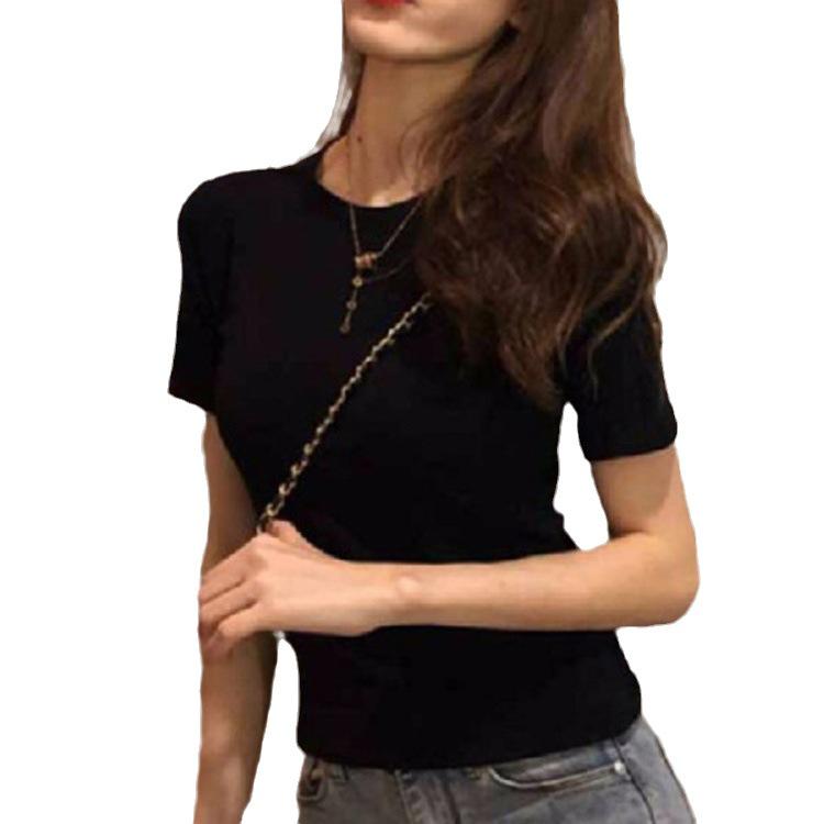 Женская облегающая однотонная футболка с круглым вырезом и короткими рукавами - лето 2025 г., корейский стиль