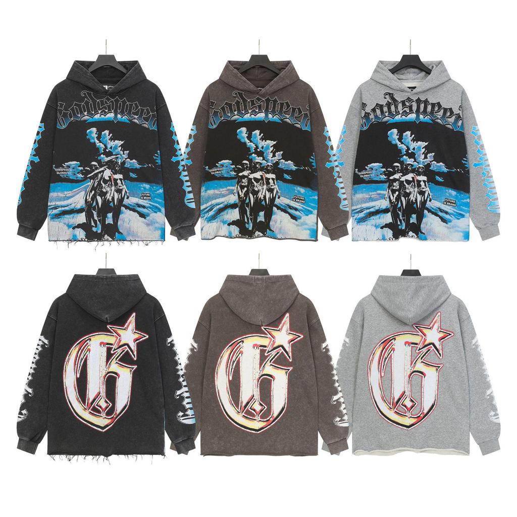 Худи с ретро-принтом 'God Bless America' в стиле рок-стрит, стиранное, повседневное, свободного кроя