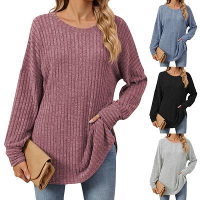 Женская мода, повседневный однотонный свободный пуловер с круглым вырезом и длинными рукавами