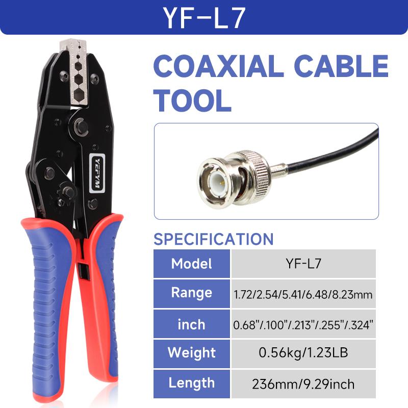 Ручной коаксиальный обжимной инструмент YF-L7 с храповым механизмом и 6 сменными губками. Индивидуальные наборы инструментов для RG-кабелей и RF-разъемов