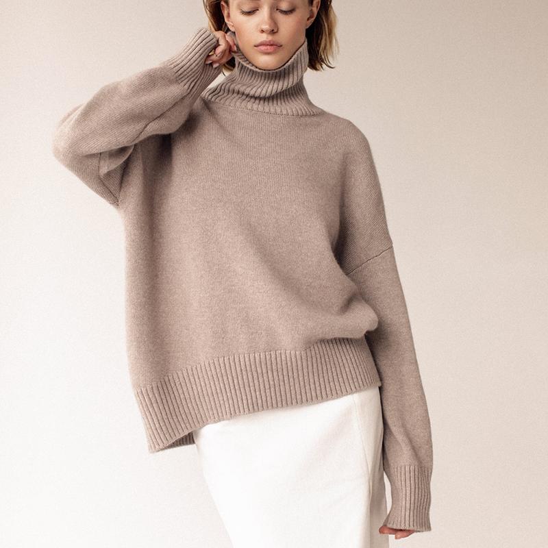 Осенне-зимний женский свитер, однотонный утепленный вязаный свитер, удобный повседневный свободный свитер с высоким воротником