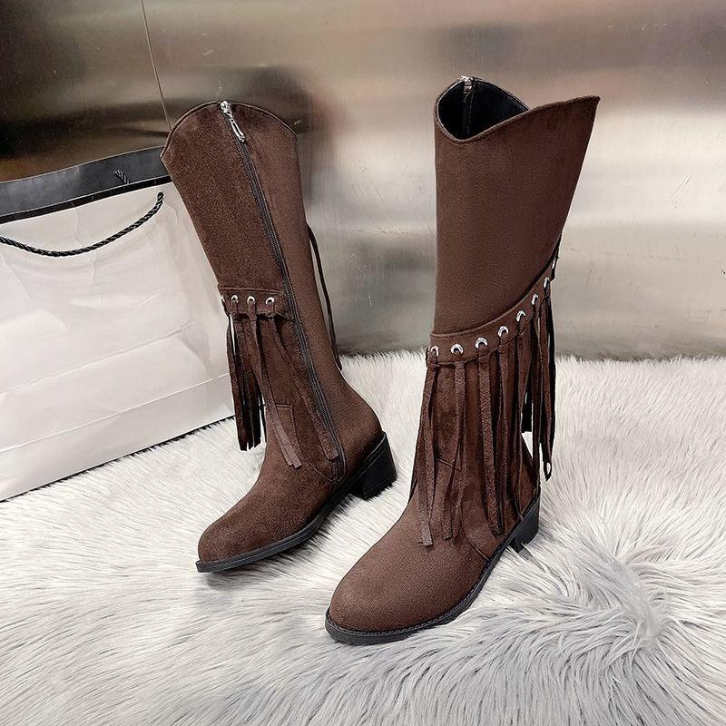 Fashion Elegant with Low Heels Pointed Toe Tassel Half High Boots for Women Spring Autumn Mid Calf Shoes Woman Large Size Hot Chic Boot