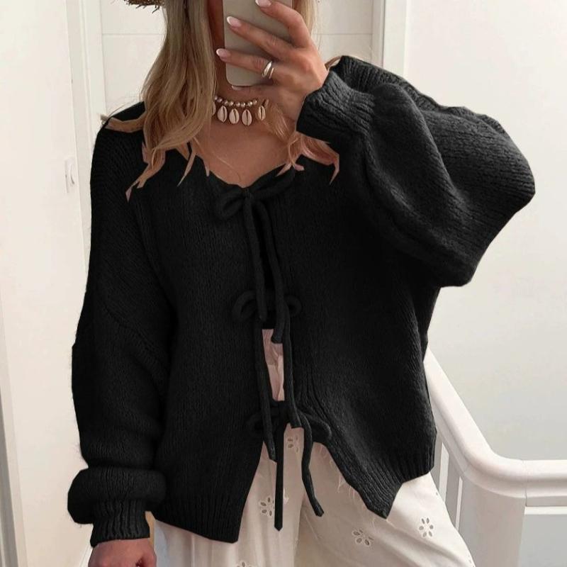 Женский классический вязаный кардиган с завязками спереди - Однотонный свитер с круглым вырезом, повседневный пуловер