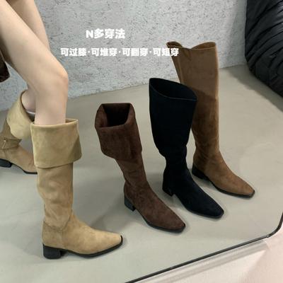 Французские винтажные ботфорты до колена на толстом каблуке, многовариантной носки, темперамент Spice Girl, боковая молния, плиссированные ботинки-гармошка