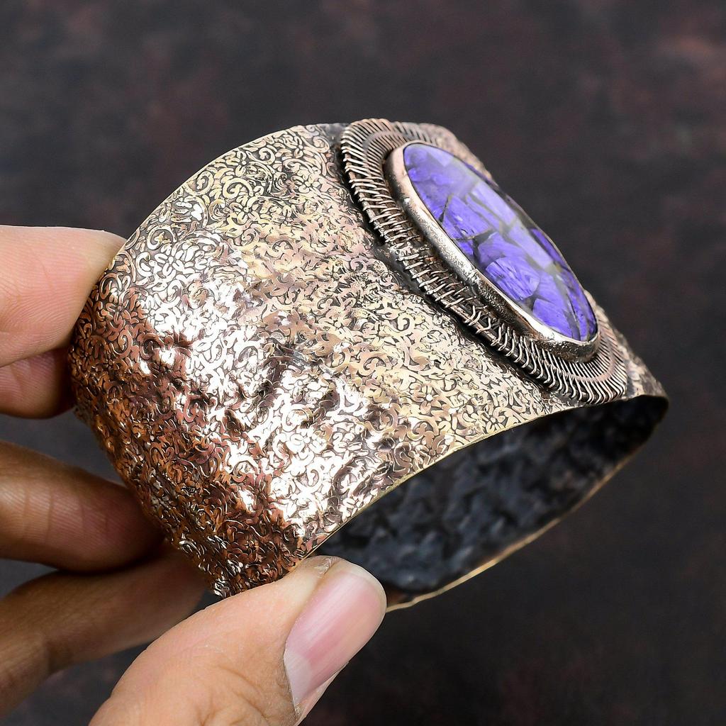 Браслет-манжета из медного чароита Браслет из медной проволоки Регулируемый браслет-манжета Ювелирные изделия из медной проволоки Браслет из драгоценных камней ручной работы Подарки для него