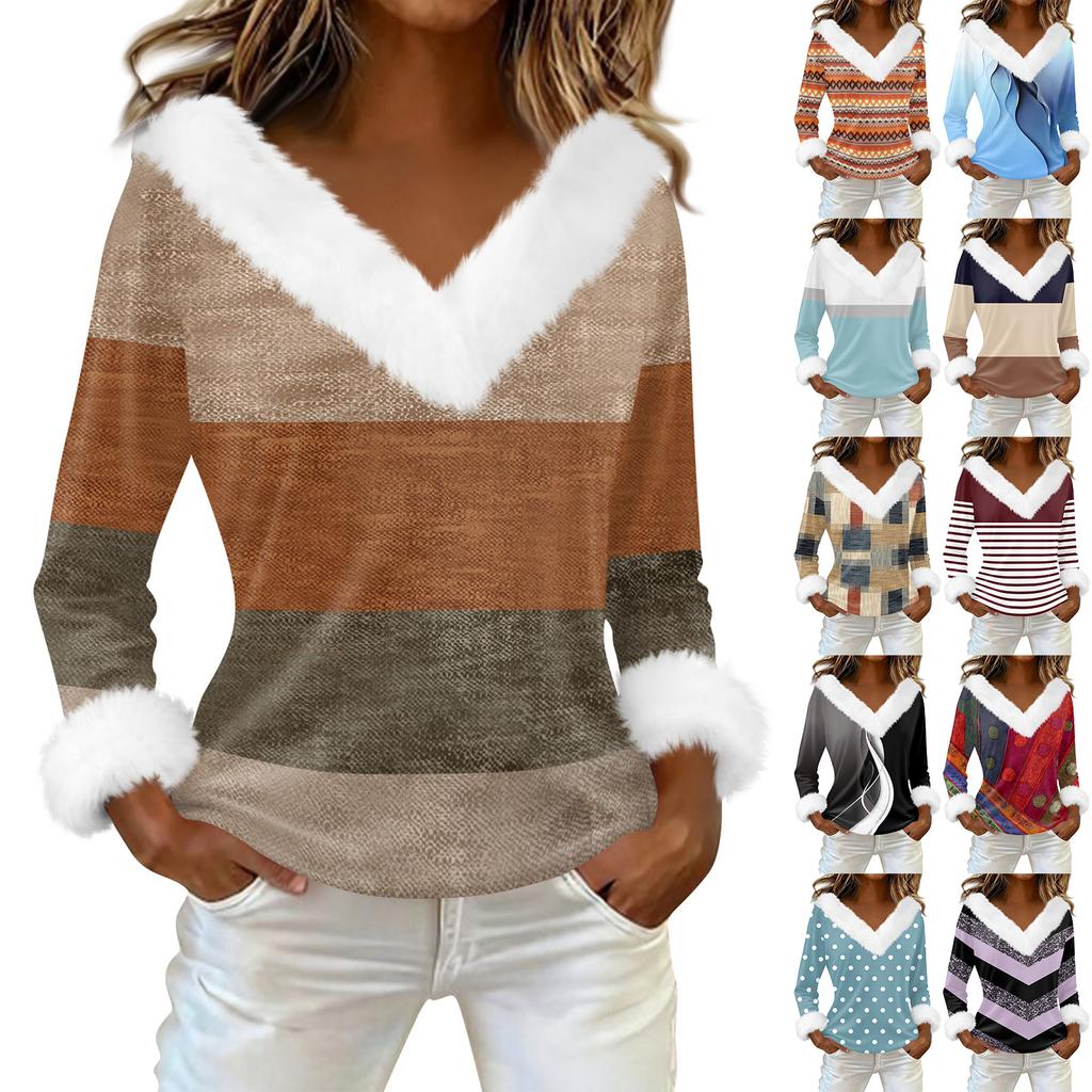 Women's T Shirt Tee Print Shirt Long Sleeve Party Fleece Collar V Neck Top