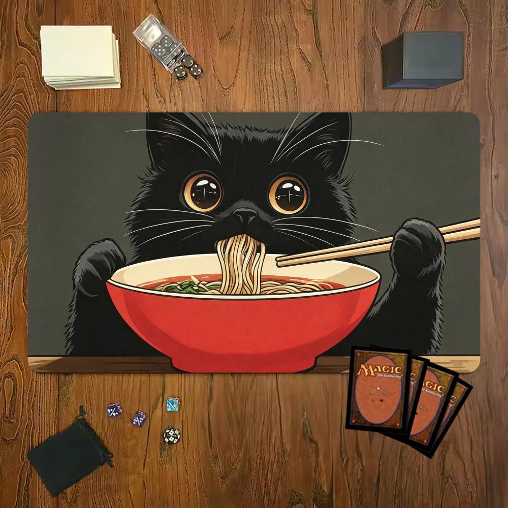 Cartoon Cute Black Cat Eating Noodles Mouse Pad Playmat 24"X14" MTG TCG Office Desk Mat for Work Game PC Laptop Carpet MousePad