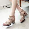 Fashion 2024 Fashionable Rhinestone Fish Mouth Sandals Women's Summer New Hollow-out Large Size Chunky Heel Midheel Back Zipper Sandals