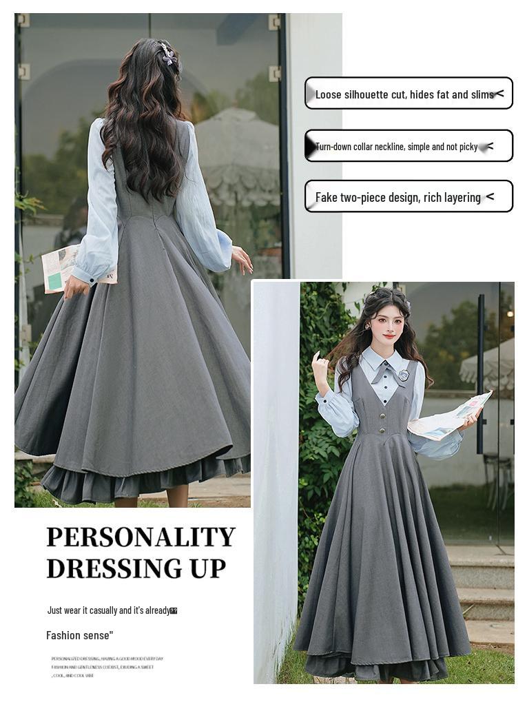 Ретро Академический Стиль Двухслойное Платье-Жилет с Рубашкой с Отложным Воротником