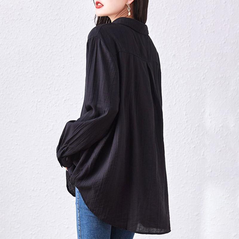 Women's Clothing Black Turn-down Collar Long Sleeve Tunic Blouse Black Autumn Fashionable Solid Color Casual Shirt Top
