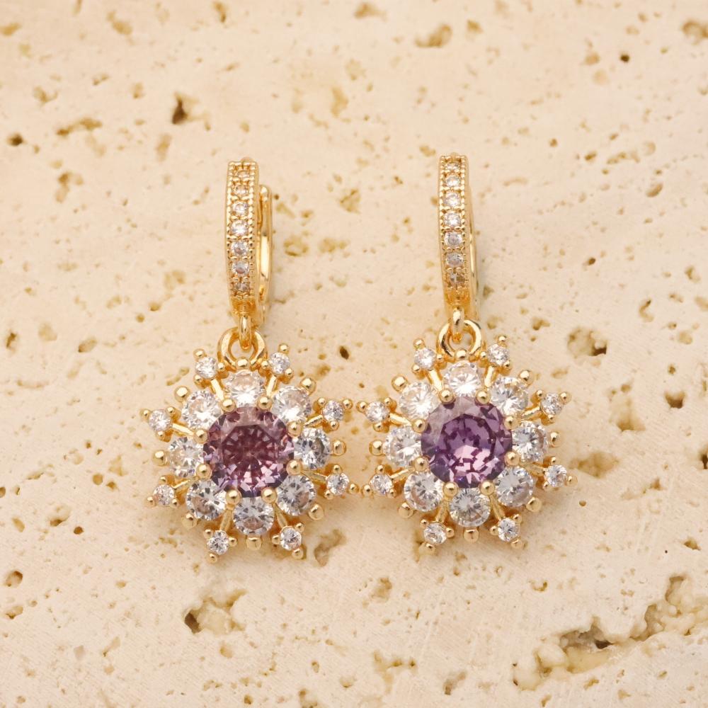1 Pair Luxury Purple Flowers Dangle Earrings for Women Zirconia Earring Jewelry Wedding Party Accessories