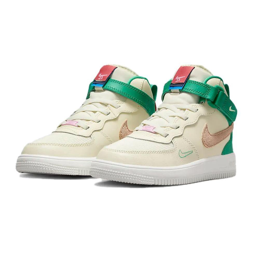 Nike Force 1 Mid EasyOn SE PS Coconut Milk Stadium Зеленые детские кроссовки Кремовые с розовой посадкой и коноплей FQ3694-100