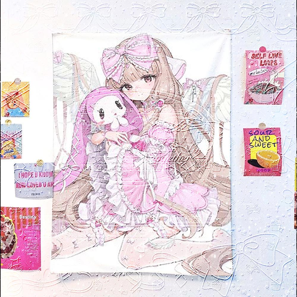 Sweet Lolita Anime Girl Tapestry, Cute Pink Bow Girl with Rabbit Plush Wall Hanging, Aesthetic Dorm Bedroom Decor, Retro Manga W