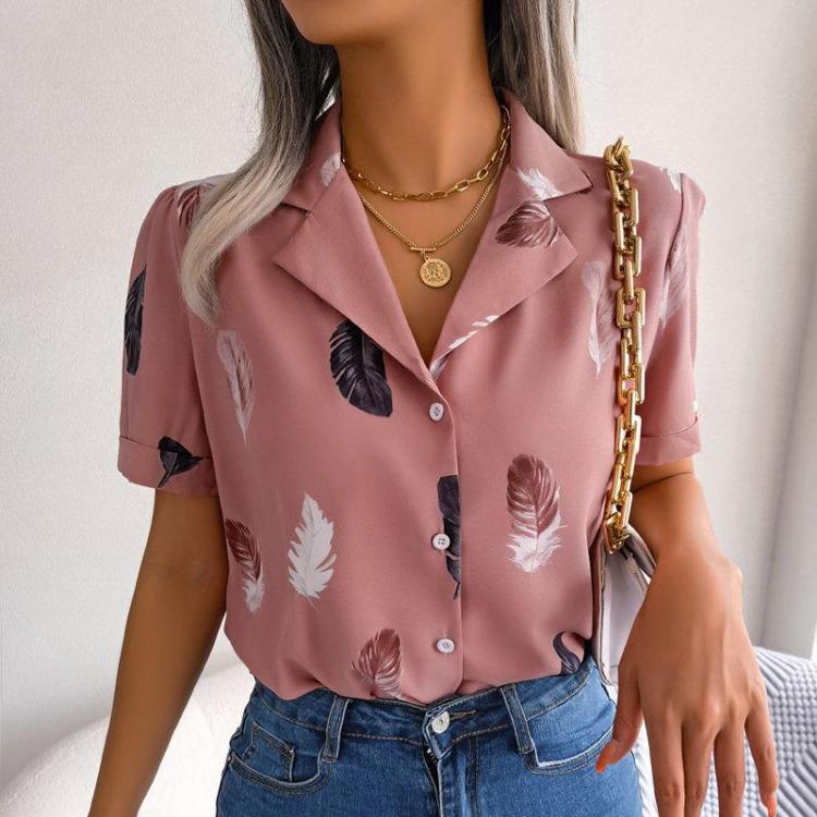 Women's Summer Casual Loose Feather Collar Short Sleeve Blouse Top All Match Shirt Suit