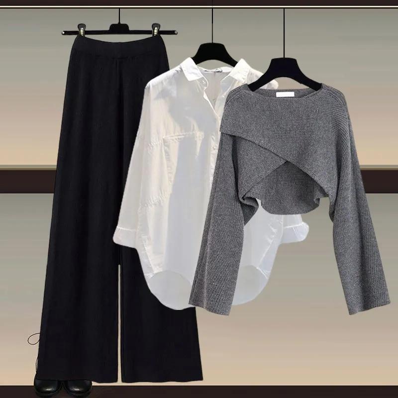 Осенне-зимний женский вязаный свитер, брюки-тройка, свободная блузка, рубашка, свитер и широкие брюки с высокой талией, винтажный повседневный комплект из трех предметов