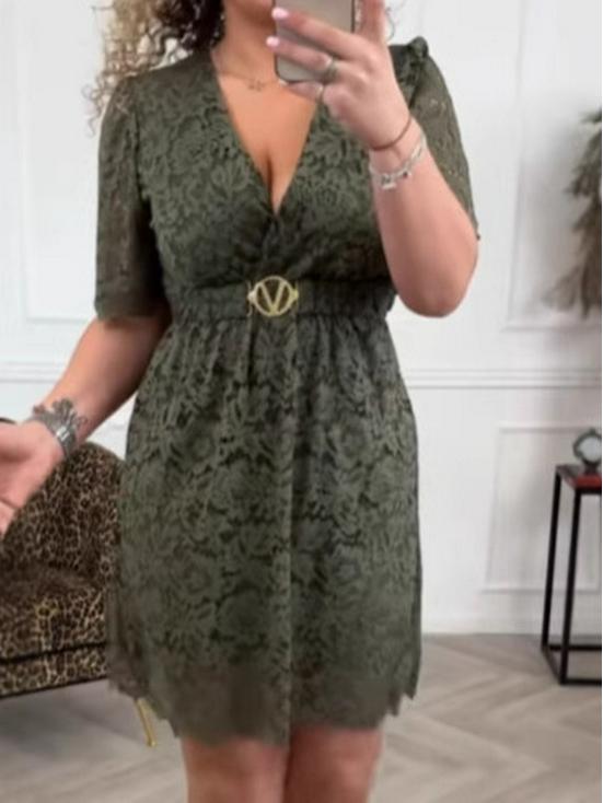Женское европейское и американское платье миди с V-образным вырезом, кружевными лепестками, поясом, короткими рукавами, модного нового стиля.