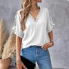 Yousheng Women Shirt V-Neck Ruffled Splicing Petal Sleeve Solid Color Tops Loose Fit Tee Casual Office Travel Shirt