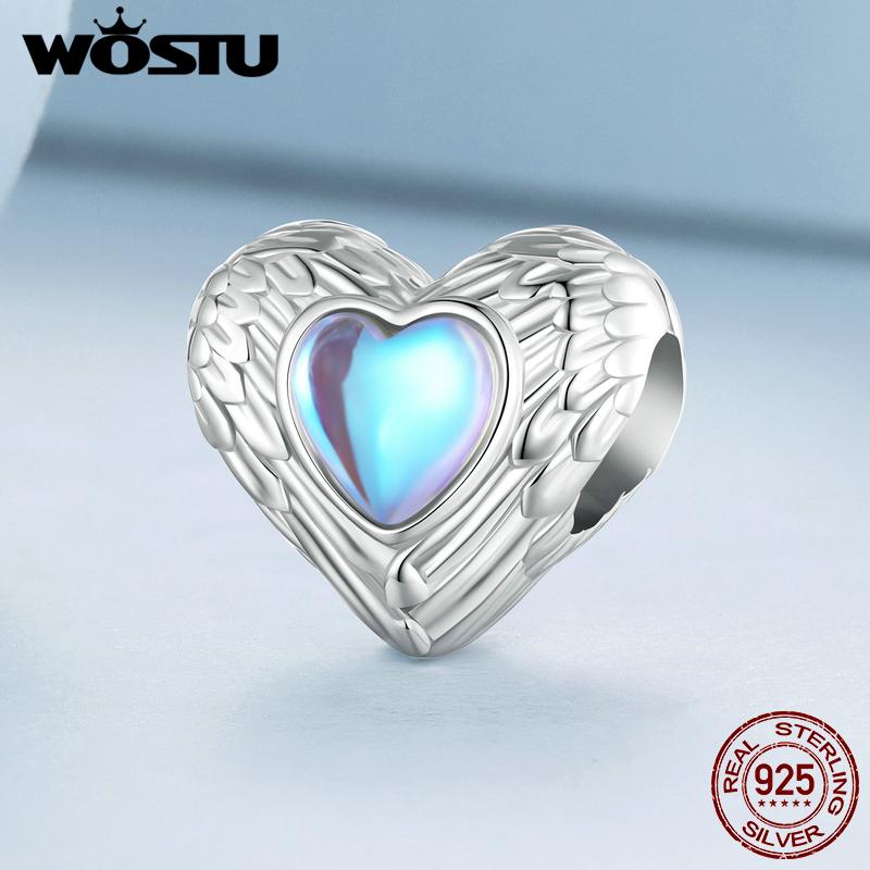 WOSTU Серебро 925 пробы Радужный лунный камень Бусины Сердечки Шармы Ангел-Хранитель Подвеска Подходит для Оригинального Браслета DIY Ожерелье