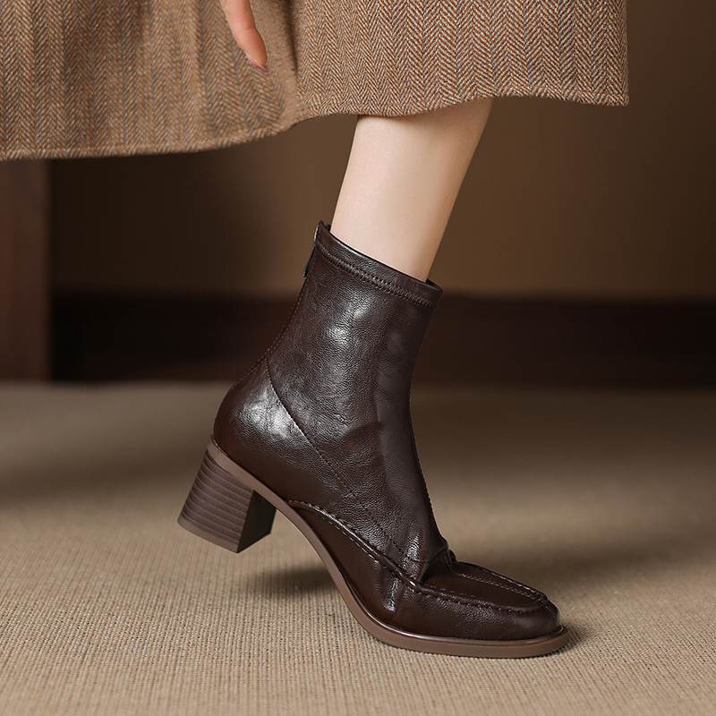 Krazing Pot Микрофибра Квадратный Носок Толстый Каблук Ботильоны Челси Размер 42 Молния Женские Плиссированная Отделка Эластичные Ботильоны