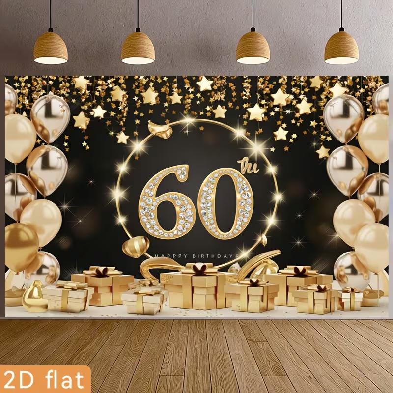 Двумерный Черно-Золотой Баннер для 60-летия со Звездным Конфетти и Шарами