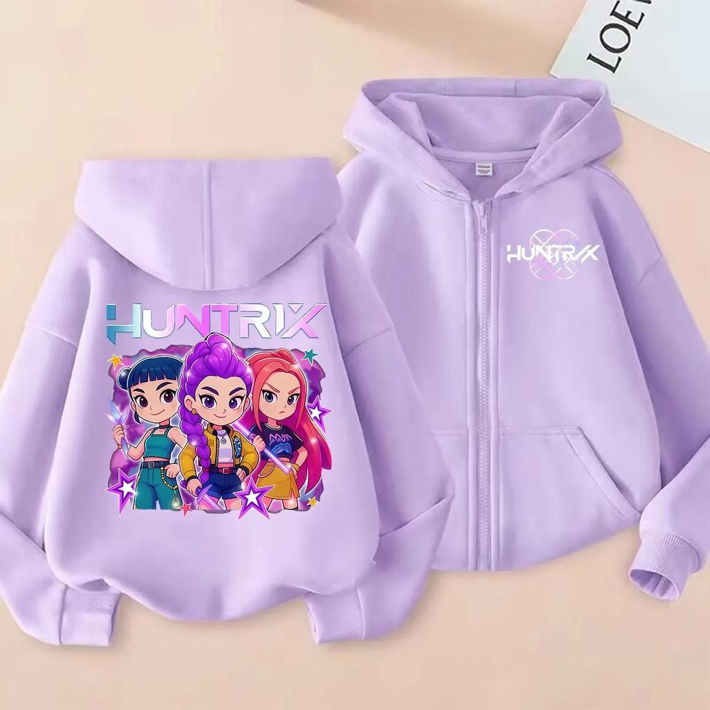 KPop Охотники на демонов Худи на молнии Мультяшные Девочки Пальто Модная Тонкая Одежда Фиолетовое Осеннее Худи Куртка Детский Аниме Свитшот