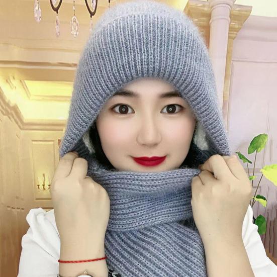 Women Winter Hat with Scarf Thick Warm Plush Windproof Cycling Headwear Solid Color Elastic