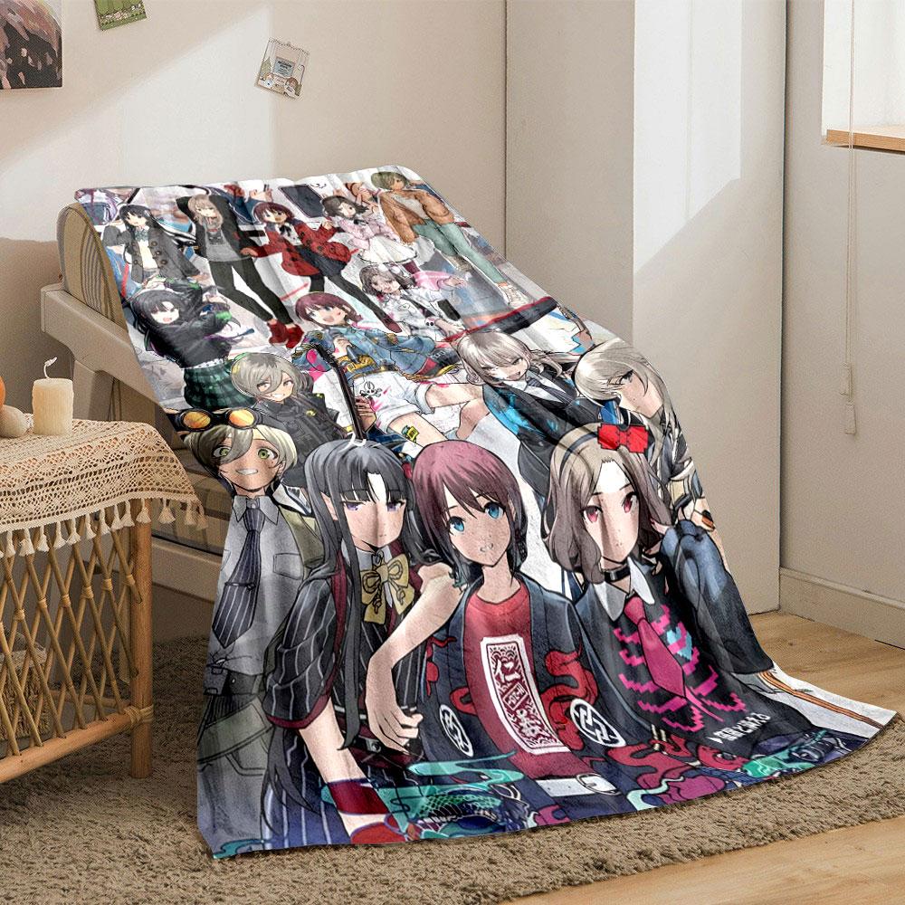 A vibrant group of anime-styled characters in diverse outfits and poses. for all seasons blanket lunch break throw gift