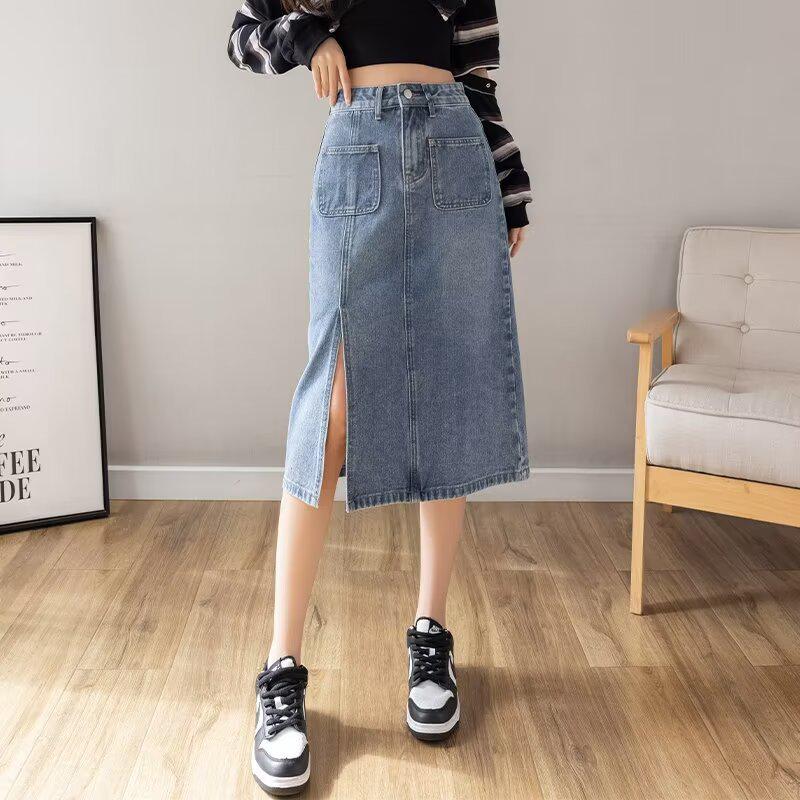 Women's High Waist Split Denim A-Line Skirt, 150cm Long, Small Size, Retro Style for Summer