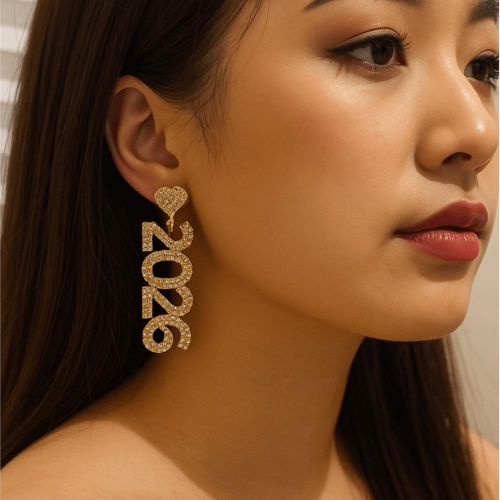 Aesthetic 2026 Stud Earrings Rhinestone Rhinestone Earrings Trendy New Year Earrings Girls