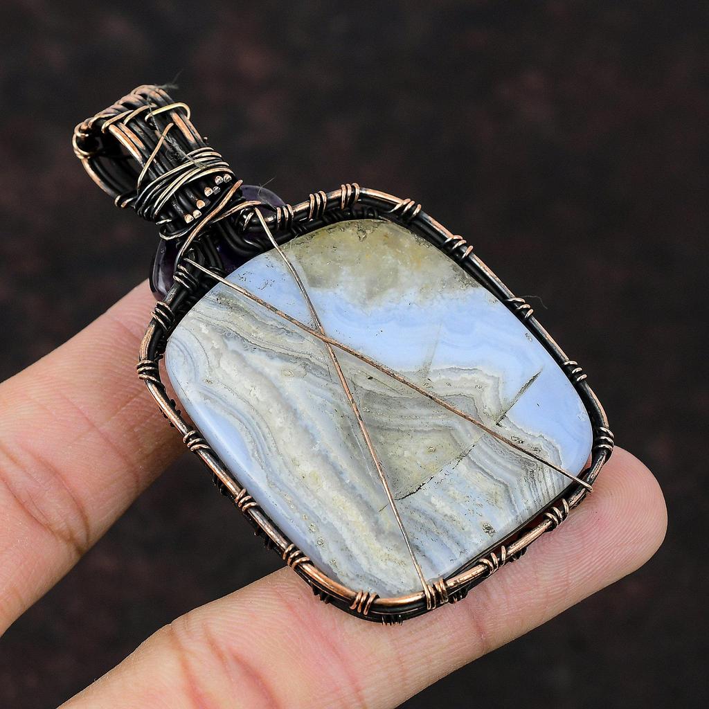 Подвеска из голубого кружевного агата, подвеска из медной проволоки, подвеска с шевронным аметистом, подарок для женщин и ее драгоценных камней, ювелирные изделия из меди ручной работы