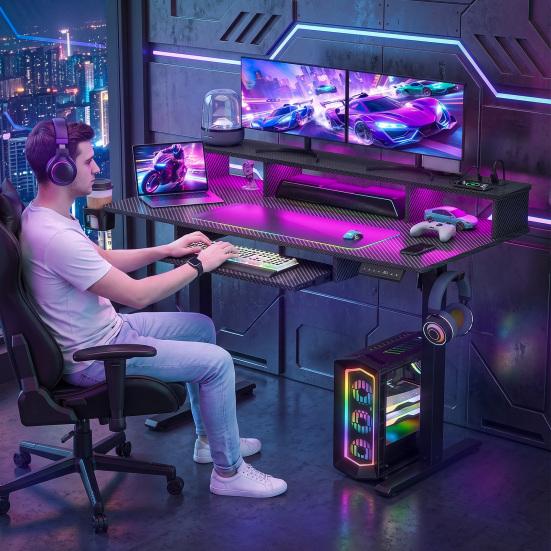 Standing Desk Electric Desk 48" x 24" Height Adjustable Gaming with Power Outlets & LED Lights Ergonomic Sit Stand Up Down Computer Table