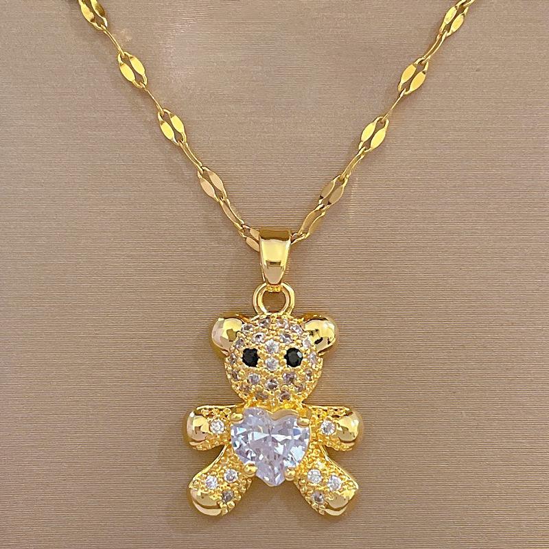 Bear Micro-Inlaid Necklace Earrings Set, Light Luxury Micro-Inlaid Personality Temperament Banquet Earrings, Necklace Combination