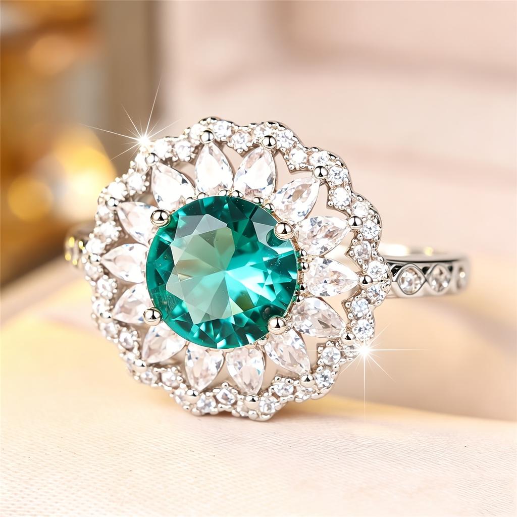 Elegant and exquisite large green round main stone ring for women, with marquise-shaped pavé floral halo, suitable for daily office wear, parties,