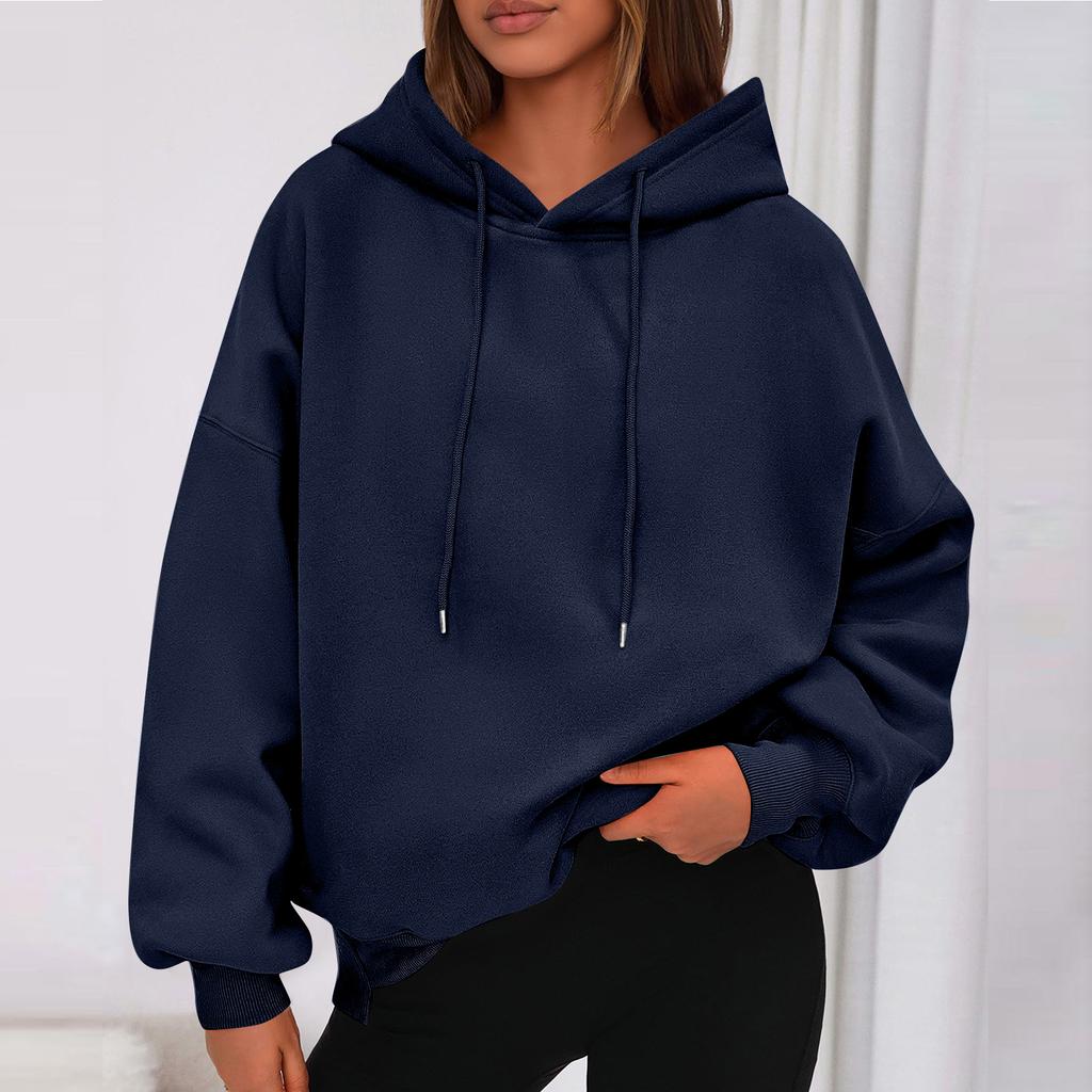 Ladies' Fashionable Solid Color Casual Hooded Pocket Long Sleeved Sweatshirt