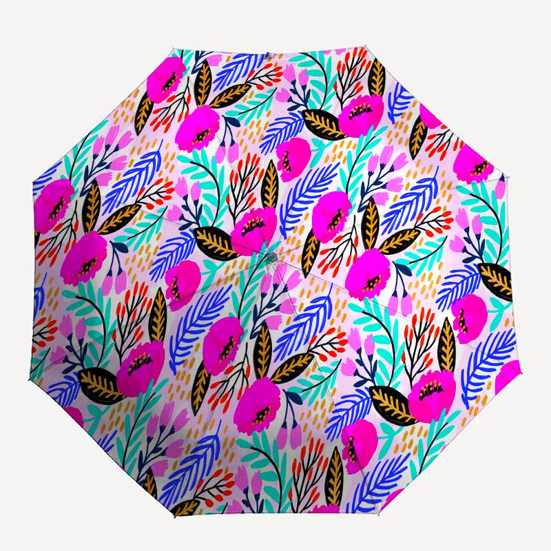 Colorful Floral Patterned Fabric, Bright Pink, Blue, Orange, and Gold Flowers with Leaves on White BackgroundUmbrella, Cute Umbrella with Cute Design,