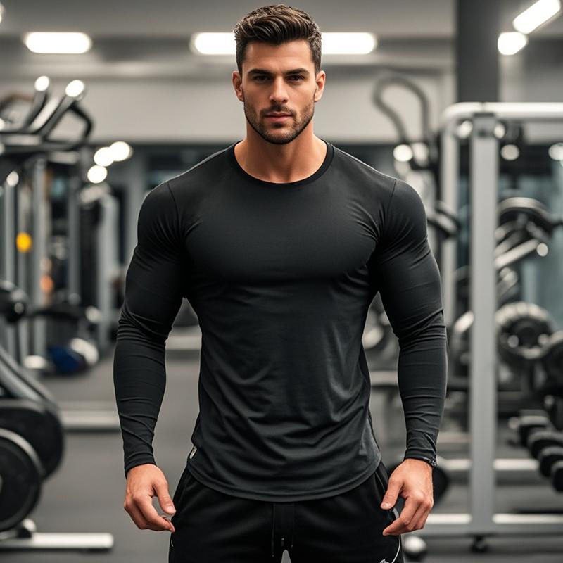 Muscleguys Mens Muscle Slim Fitted Running T-Shirts Autunm Cotton Long Sleeve Crewneck Gym Workout Plain Sports Fitness T Shirts