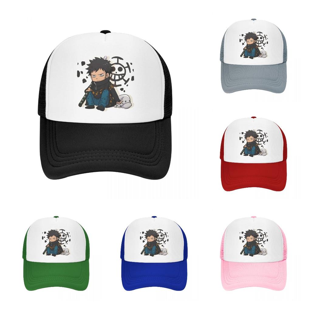 Luffy Anime Trucker Hats Trafalgar D Water Law Chibi Mesh Net Baseball Cap Snapback Kpop Peaked Hat Unisex Women One Size