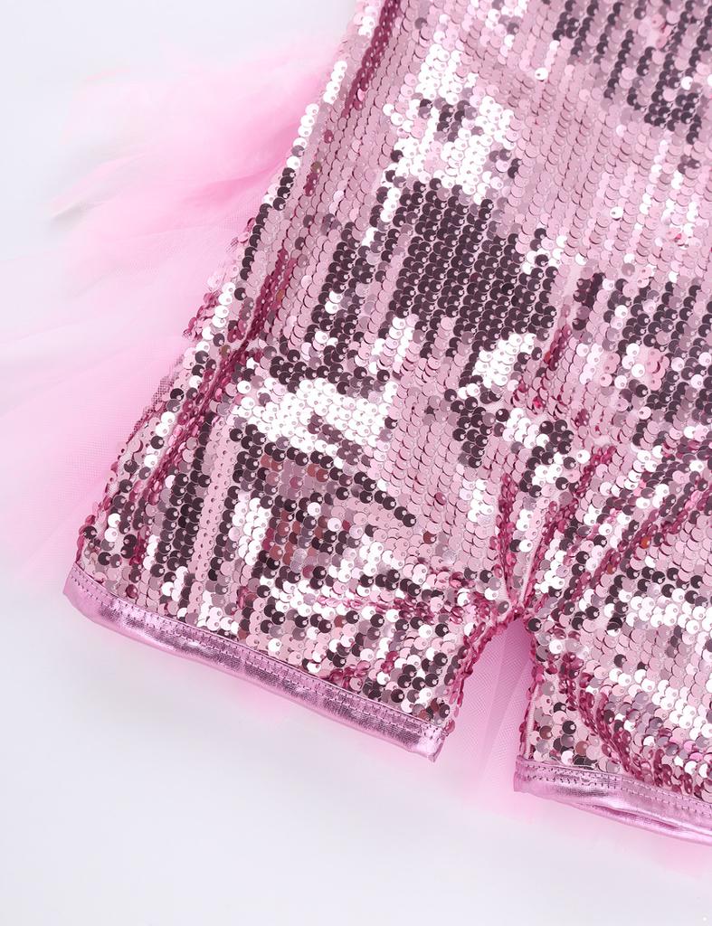 Kids Girls Ballet Latin Dance Costumes Sleeveless Sequins Mesh Splice Cutout Back Leotard Jumpsuit